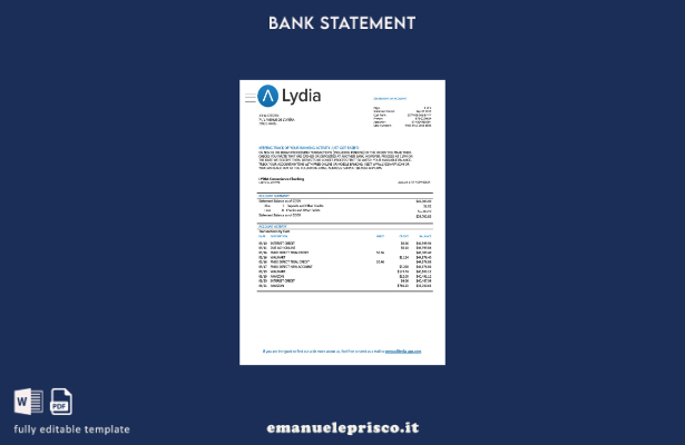 modello word di estratto conto della carta bancaria Francia Lydia Noir in stile 